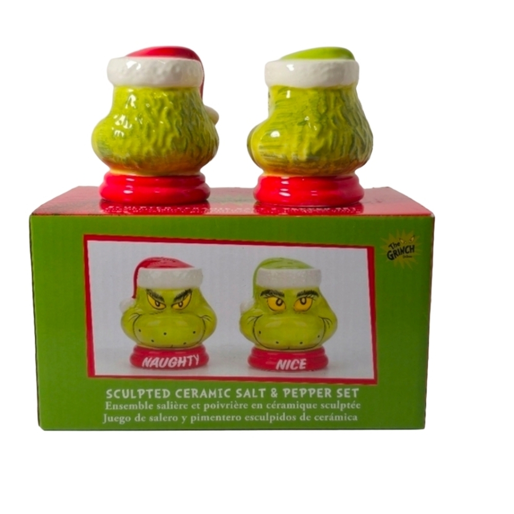 Dr. Seuss Grinch Naughty & Nice Ceramic Salt & Pepper Shaker Set NIB - Picture 2 of 2